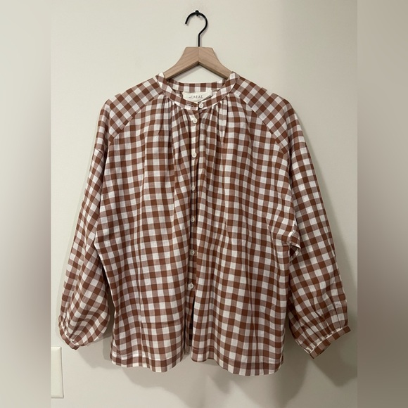 SOLD The Great. Brown and White Checkered Oversize Puff Sleeve Relaxed Blouse - Picture 3 of 12